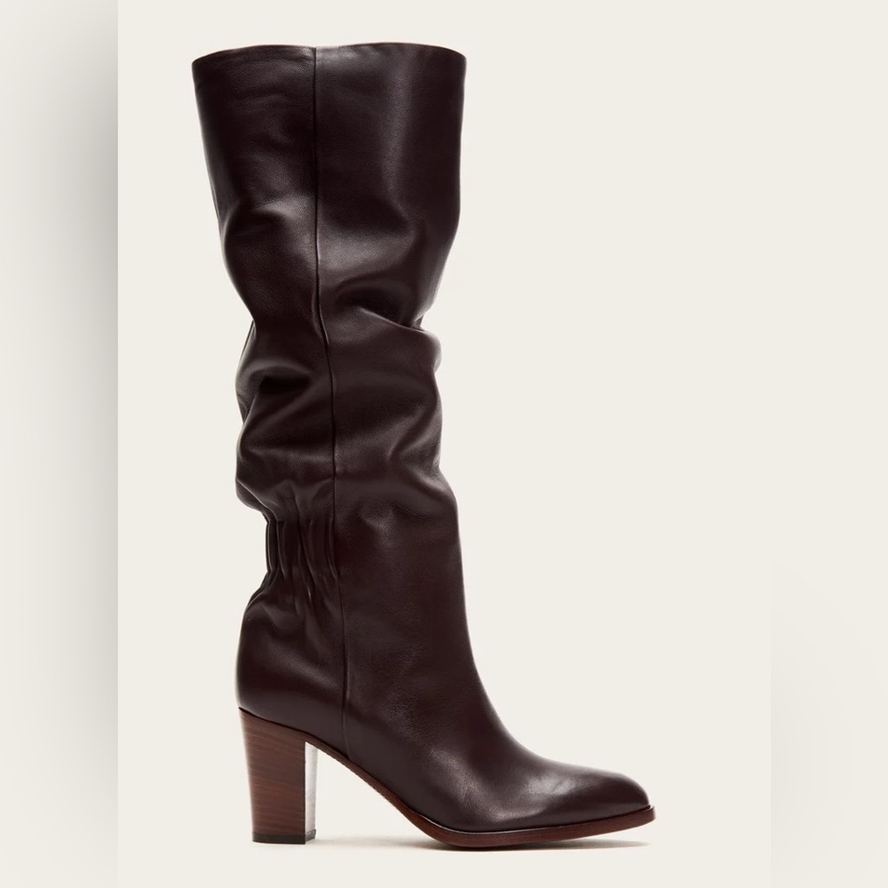 $399 Frye June Slouch Knee High Brown Leather Heeled Pull On Tall Winter Boots - Picture 3 of 16